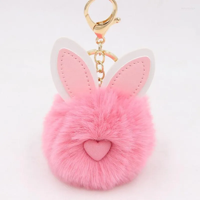 Keychains Pink Ear Fur Ball Keychain Pu Leather Metal Golden Bag Accessories Gift for Girls Miri22