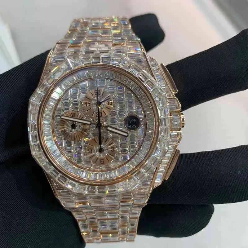 Version Big Square Moissanite Stones Titta på Pass Test Mens Diamonds Top Quality Mechanical ETA Movement Luxury Full Iced Out