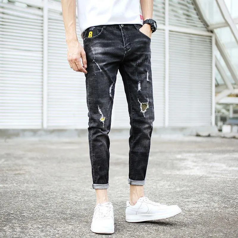 Jeans masculinos do homem belo homem de homem coreano, tendência elástica de tornozelo amarrado