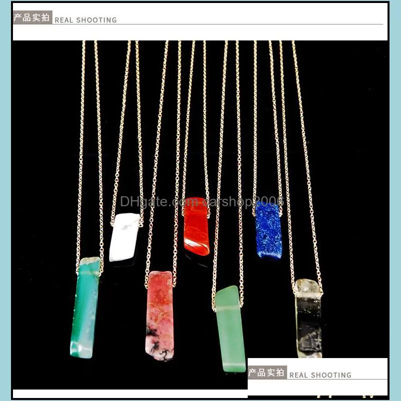 natural stone strip bar necklace rose red blue amethyst crystal green aventurine rectangle stainless steel necklace carshop2006