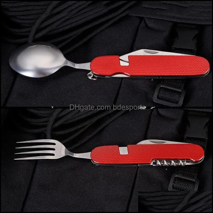 Multifunctional Folding Knife Dinnerware Sets Portable Combination Folding Cutlery Keychain Pendant Outdoor Camping Tools 5 Colors