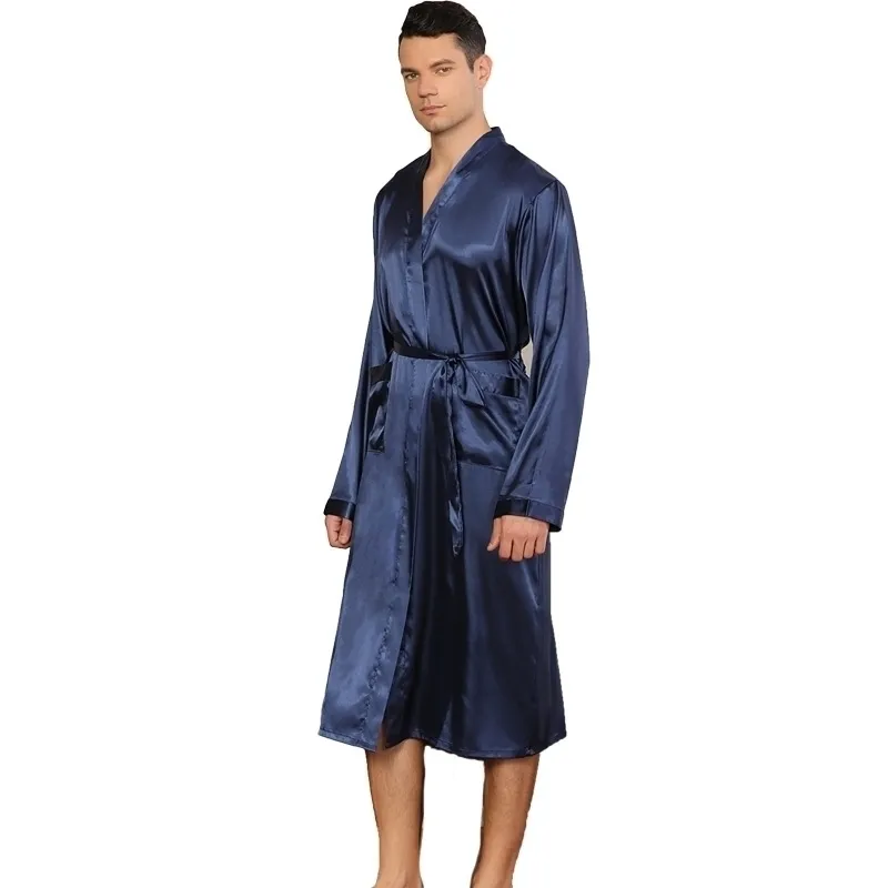 Silk Robe Men Solid Thin Dressing Gown Male Autumn Spring Longer Bathrobe Kimono Luxury Long Sleeve Sleepwear Sleep Lounge XXL 201109