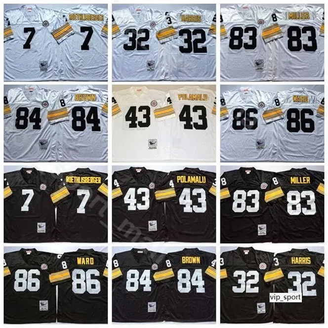 Chen37 NCAA Football 84 Antonio Brown 7 Ben Roethlisberger 43 Troy Polamalu Jerseys 83 Heath Miller 86 Hines Ward 32 Franco Harris preto branco