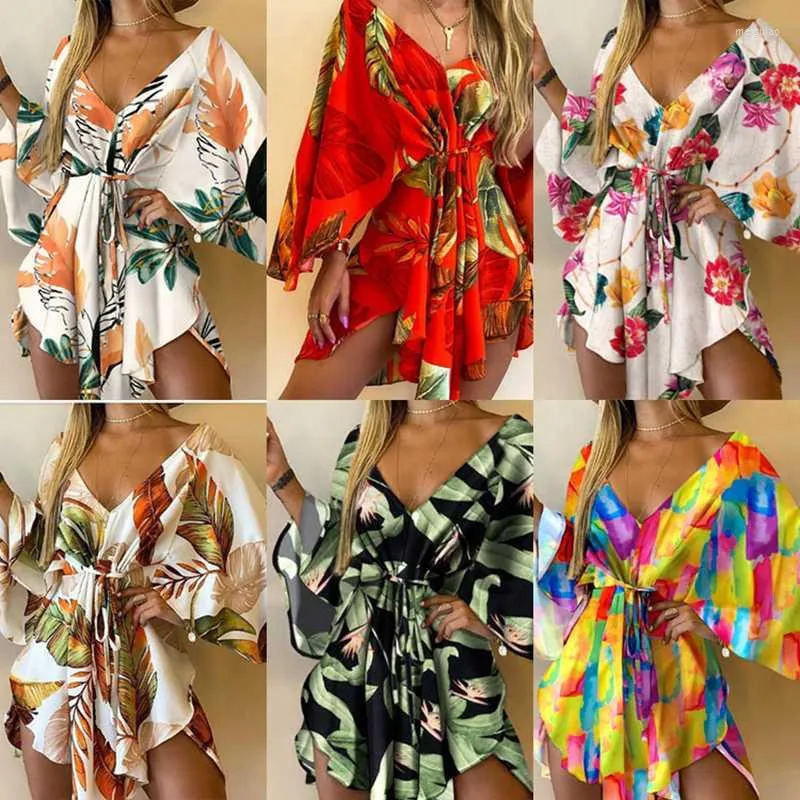 Casual Dresses Summer Beach Elegant Women Sexy V Neck Lace-Up Floral Print Mini Dress Fleared Hleeves Ladies Party Dress Casual