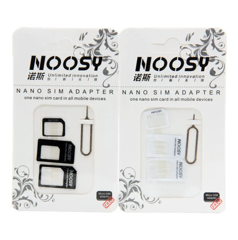 4 en 1 Noosy Nano Micro Tarjeta SIM Juego de adaptadores convertidores con pin de expulsión Paquete minorista para todos los dispositivos de teléfonos móviles