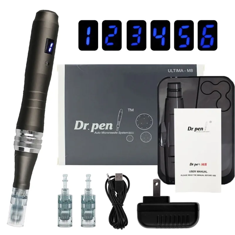 Stylo Dr filaire professionnel M8 avec cartouches Kit de soins de la peau Derma Pen Enlèvement des cicatrices d'acné Microneedle Machine de beauté à usage domestique 220624