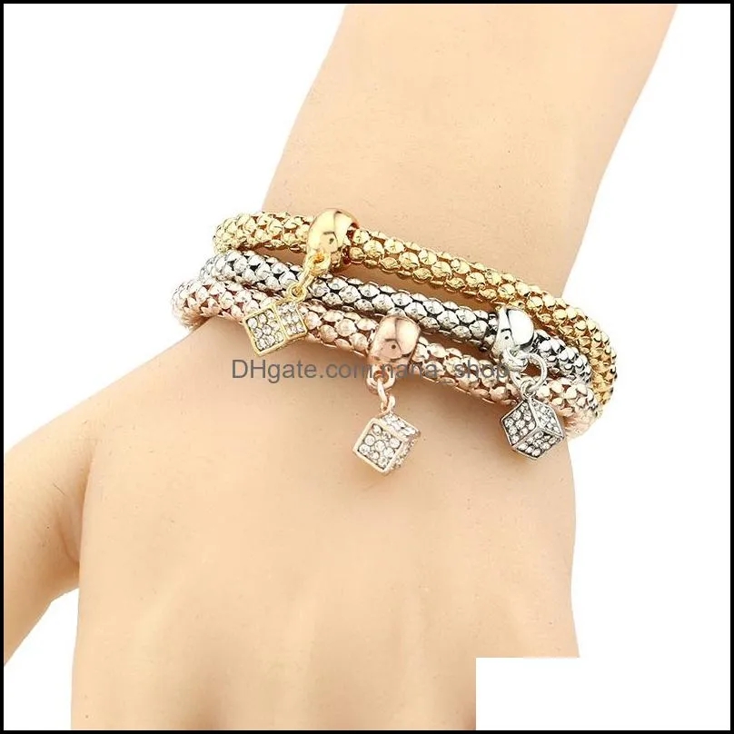 New three-color popcorn bracelet sets stretch bangles crystal rhinestone music note butterfly Square spacer Charms For women Fashion