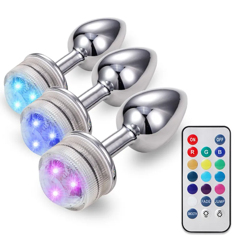 LED Shining Light Anal sexy Toys for Girl Women Ass Smooth Butt Plug Tail Metal Prostate Goods Remote Brightness Control BDSM