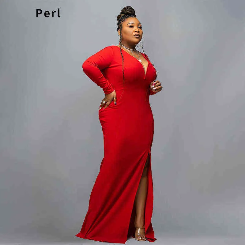 Perl Full Sleeve Deep Vneck Maxi Dress Evening Party Special Occasion Wear Red Curved Skirt Plus Size Women's Clothing XL XL L220601