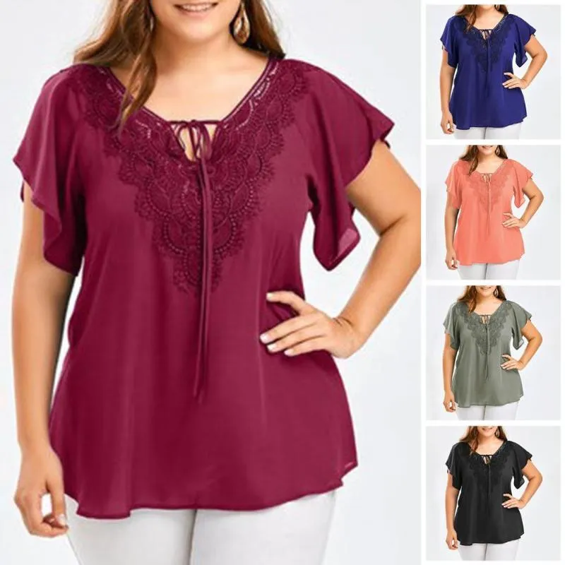 Women's Blouses & Shirts Summer Plus Size Women Blouse V Neck Pure Color Flare Sleeves Casual Top