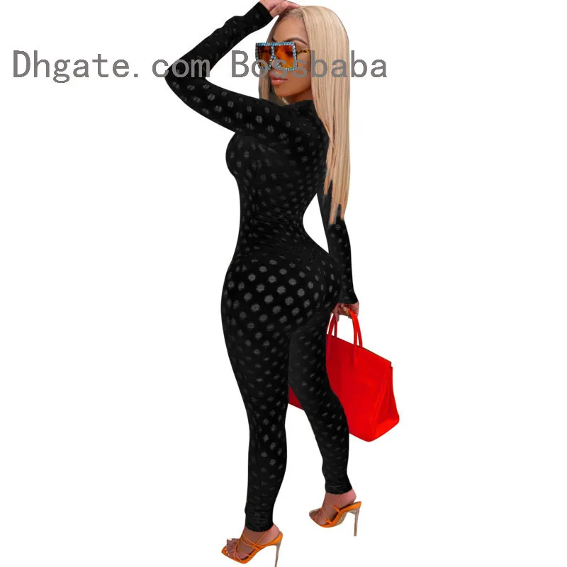 Kvinnor Jumpsuit Hole Fashion Sexig ihålig ut tvåbitar byxor desin smal passform blixtlås rompers damer avslappnad långärmad byxor bodysuit n