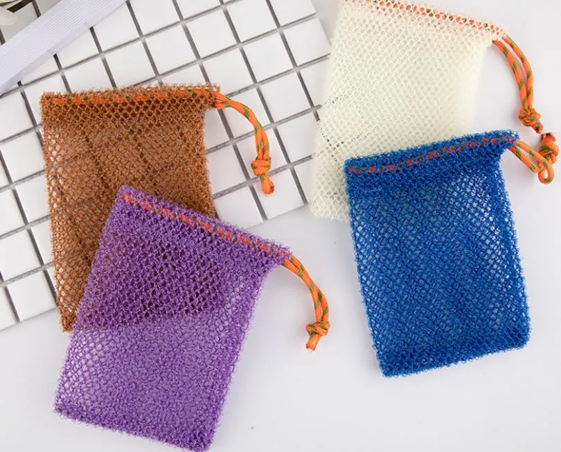 Exfoliating Mesh Bags Saver Pouch för duschkroppsmassage skrubber Naturlig organisk ramie tvålhållare väska fick loofah bad spa bubble skum med dragstring sn4777