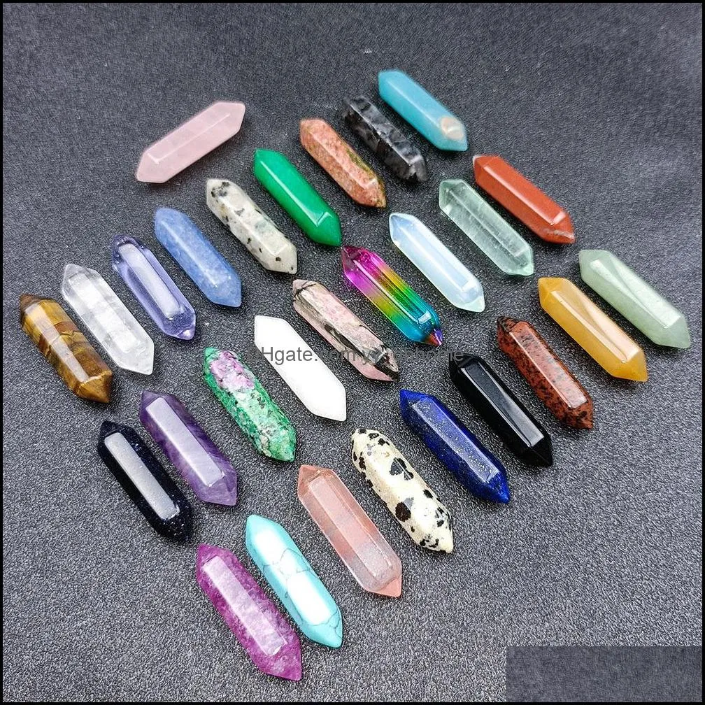 Natural stone 32*8MM hexagonal prism crystal jade Amethyst Tiger`s Eye 7 Chakra Healing Stone Pendants Accessories Fit Earrings Necklace