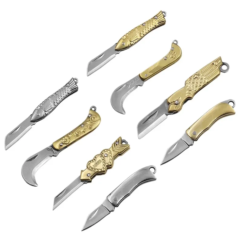 Multifunction Folding Knife Brass Handle Portable Mini Pocket Keychain Knife Pendant Outdoor Cutting Tools Gift