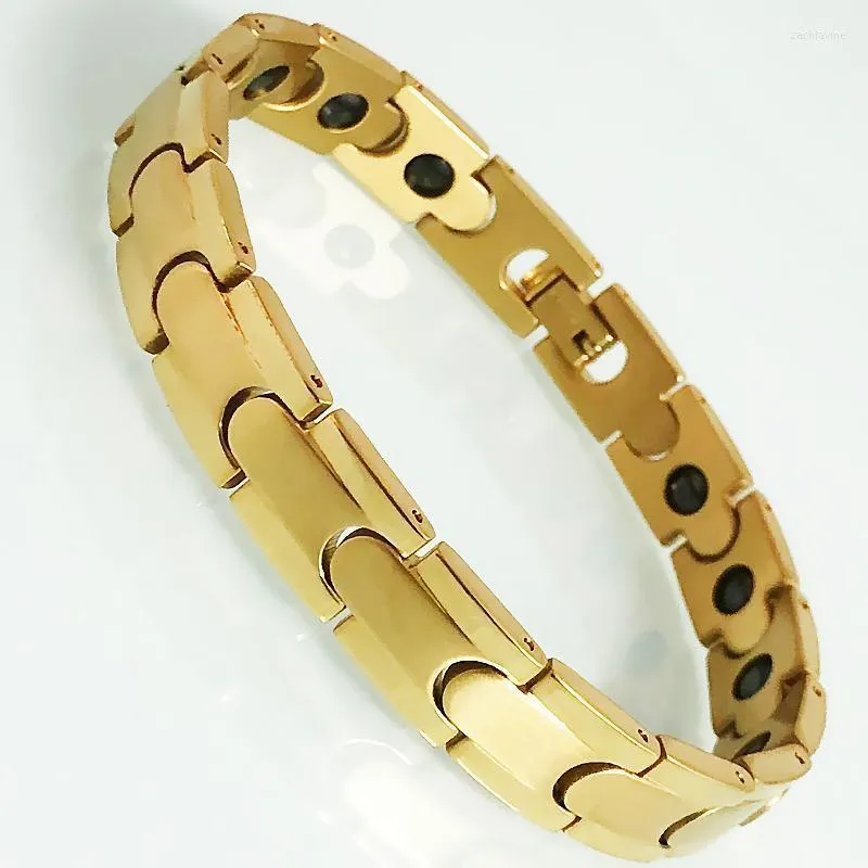 Bracelet à main en acier inoxydable plaqué or pour hommes avec chaîne à maillons Bracelet magnétique en hématite pour soins de santé pour hommes