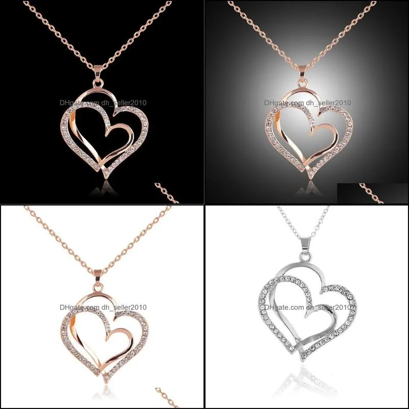 pretty crystal beautifully necklace rose gold color love necklaces wedding jewelry double heart pendant necklace