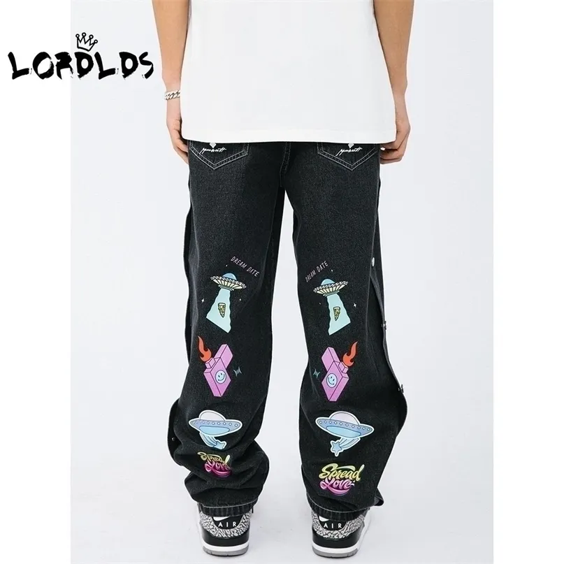 LORDLDS Men Black Denim Pants Fashion Trousers Oversized Loose Style Wide Leg Cargo Jeans High Waist Streetwear Punk Clothes 220328