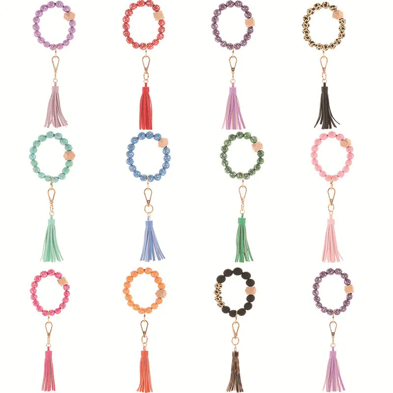 Multiful tofs circle wristlet keychain bangles mode charm smycken florial leopard tryckta trä pärlor armband nyckelkedja för kvinnor gir