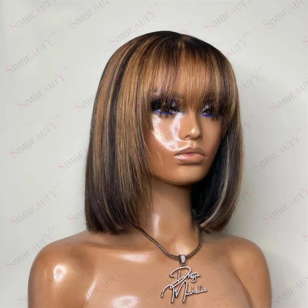 Brown Short Bob Highlight Full Machine Made Human Hair Wigs for Black Women Bangs Cut Fringe 200Density Glueless Machines Wigs