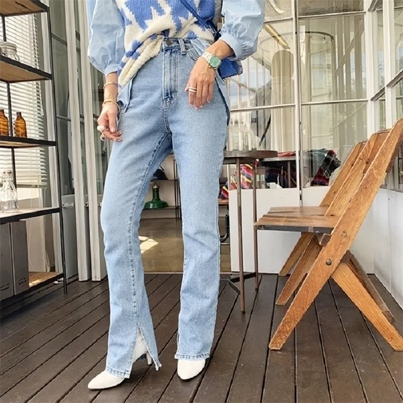 Shijia High-Waist Straight Jeans for Women Side Split Jeans Vintage Long Pant Capris Fashion Women Denim Jean 210302