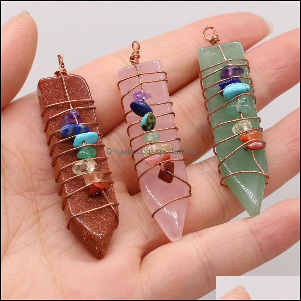 natural stone 7 chakras wire wrap charms arrowhead shape pendulum pendant rose quartz healing reiki crystal sports2010