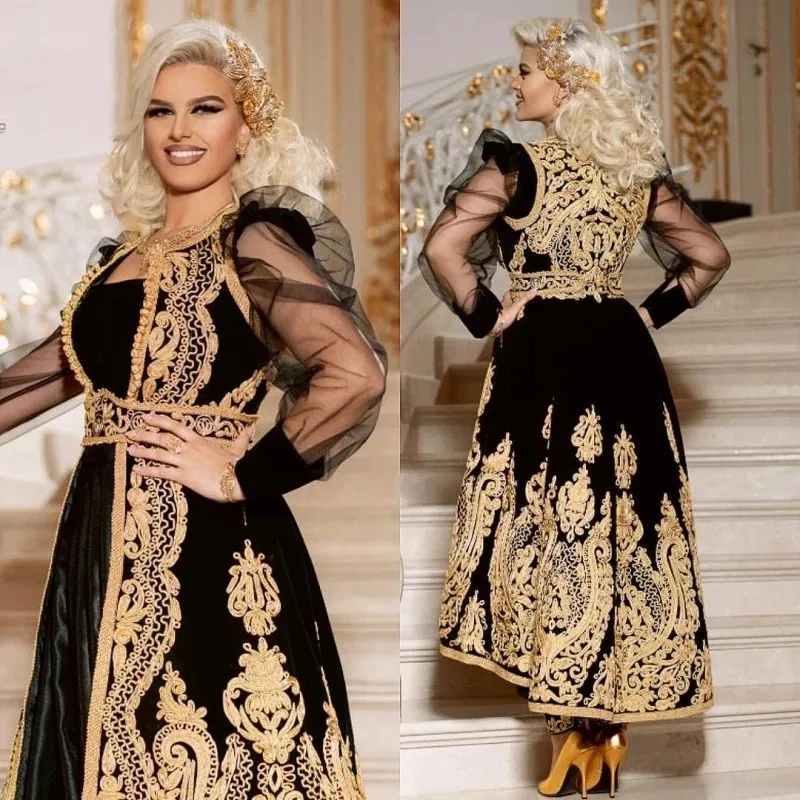 ブラックゴールド刺繍アルバニアのカフタンパンツ女性のためのイブニングドレス長袖2022伝統的なコソボプロムドレス