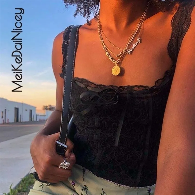 MeiKeDaiNicey Sexy Retro Bow Lace Corset Top Fairy Core Aesthetic Backless Square Neck Crop Women Summer Tank s 220325