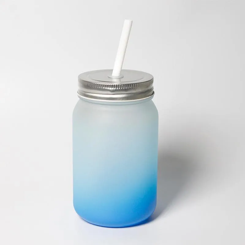 15oz Sublimation Gradient Frosted Mason Tumbler with Lid Straw Straight Water Bottles DIY Heat Transfer Wine Tumblers Beer Mug