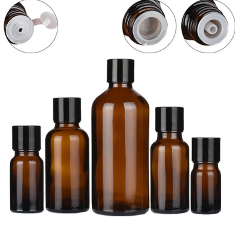 Imballaggio Vuoto Bottiglia marrone trasparente Spalla tonda Coperchio a vite nero con tappo interno Contenitore per imballaggio cosmetico ricaricabile portatile 5ML 10ML 15ML 20ML 30ML 50ML 100ML