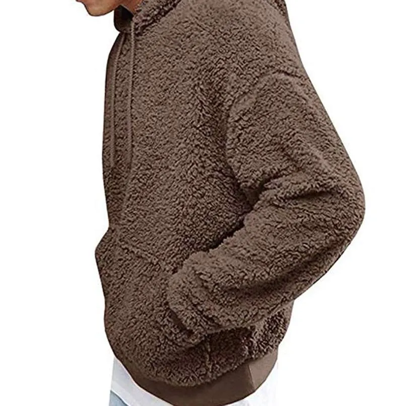 Men's Fluffy Fleece Hoodie Warm Winter Pullover Sweatshirt, Solid Color Hooded Coat with Pocket, Casual Jumper for Autumn, Cozy Loungewear