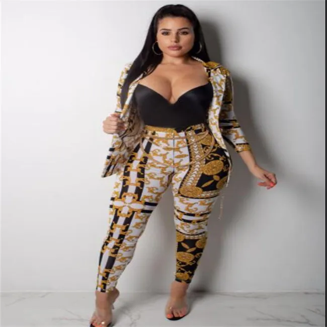 Women's Two Piece Pants Fashion Printed Casual Suit Designer Long Sleeve Blazers Trousers Clothe Sets Womens Outfits