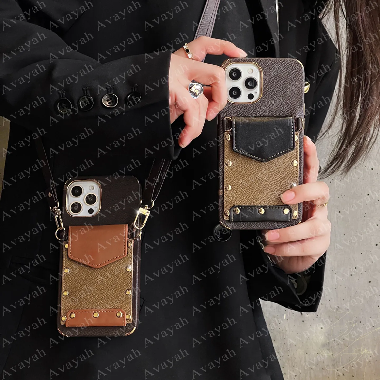 Luxe Rivet Card Pocket Telefoonhoesjes voor iPhone 15 14 14pro 14plus 13 13pro 12 12pro 11 Pro Max X Xs Xr 8 7 Plus Lederen Retro Design Case Handtas Cross Body Schouderhoes