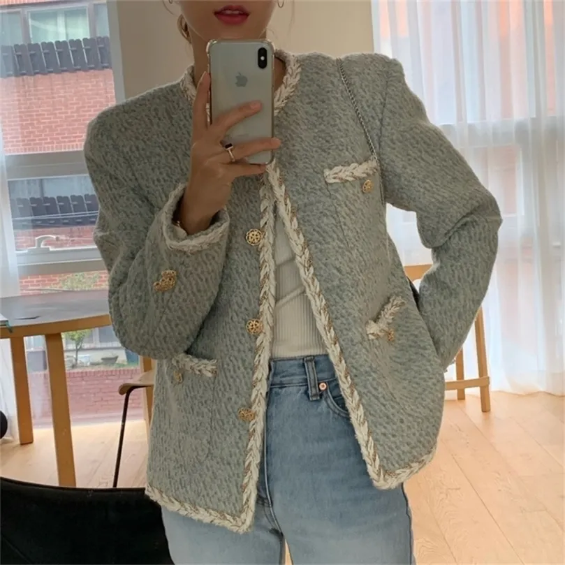 Koreanska eleganta damer Autumn Winter Woolen Jacket Coat Women Single Breasted Brand Outwear Coat Fashion Streetwear Tweed Jacket 201210