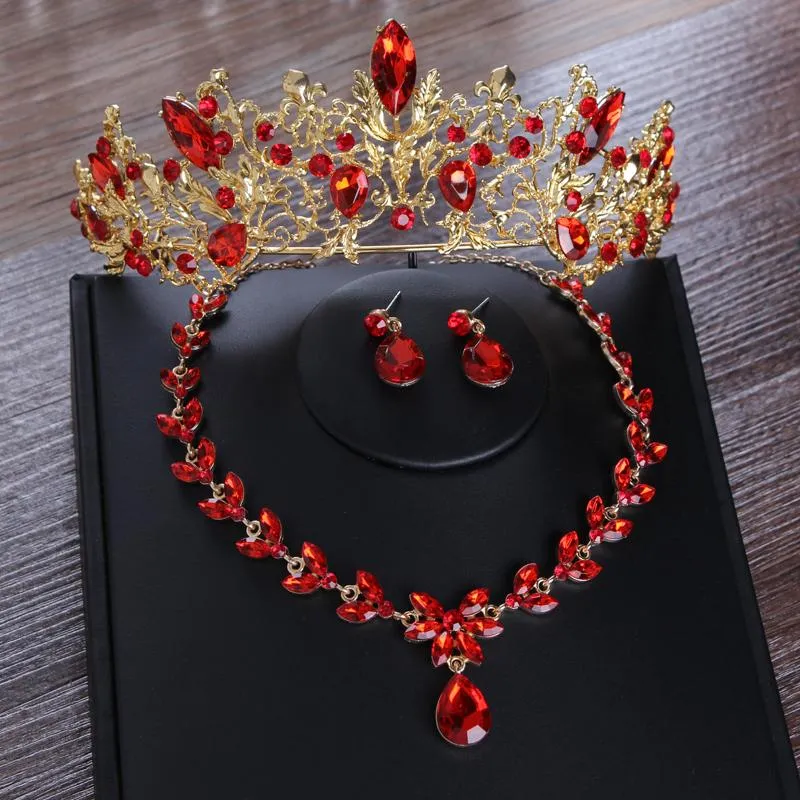 Oorbellen Ketting Barok Vintage Goud Rood Kristal Bruids Sieraden Sets Bruiloft Afrikaanse Kralen Strass Tiara Kroon SetOorbellen