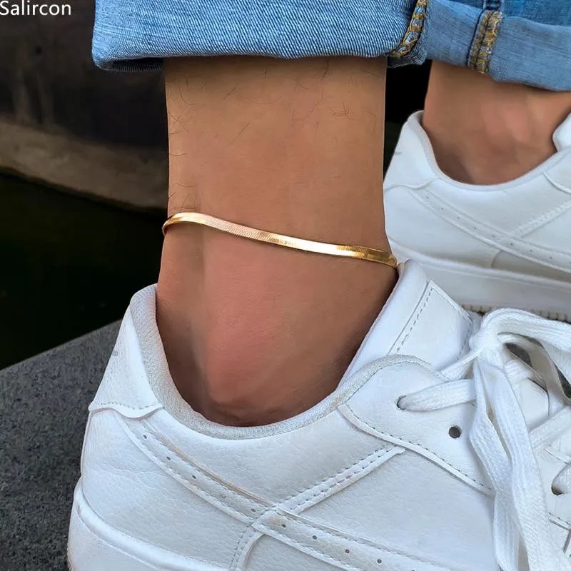 Fußkettchen Gothic Basic Simple Flat Blatt Schlangenkette Armband auf dem Bein für Männer Frauen Punk Gold Farbe Kupfer Kpop Fußschmuck