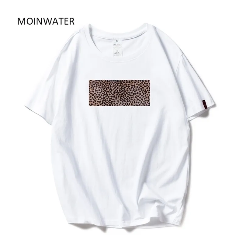 Moinwater kadın moda leopar baskı tişörtleri beyaz siyah pamuk sokak kıyafeti tişörtleri bayan gündelik teestops 210317