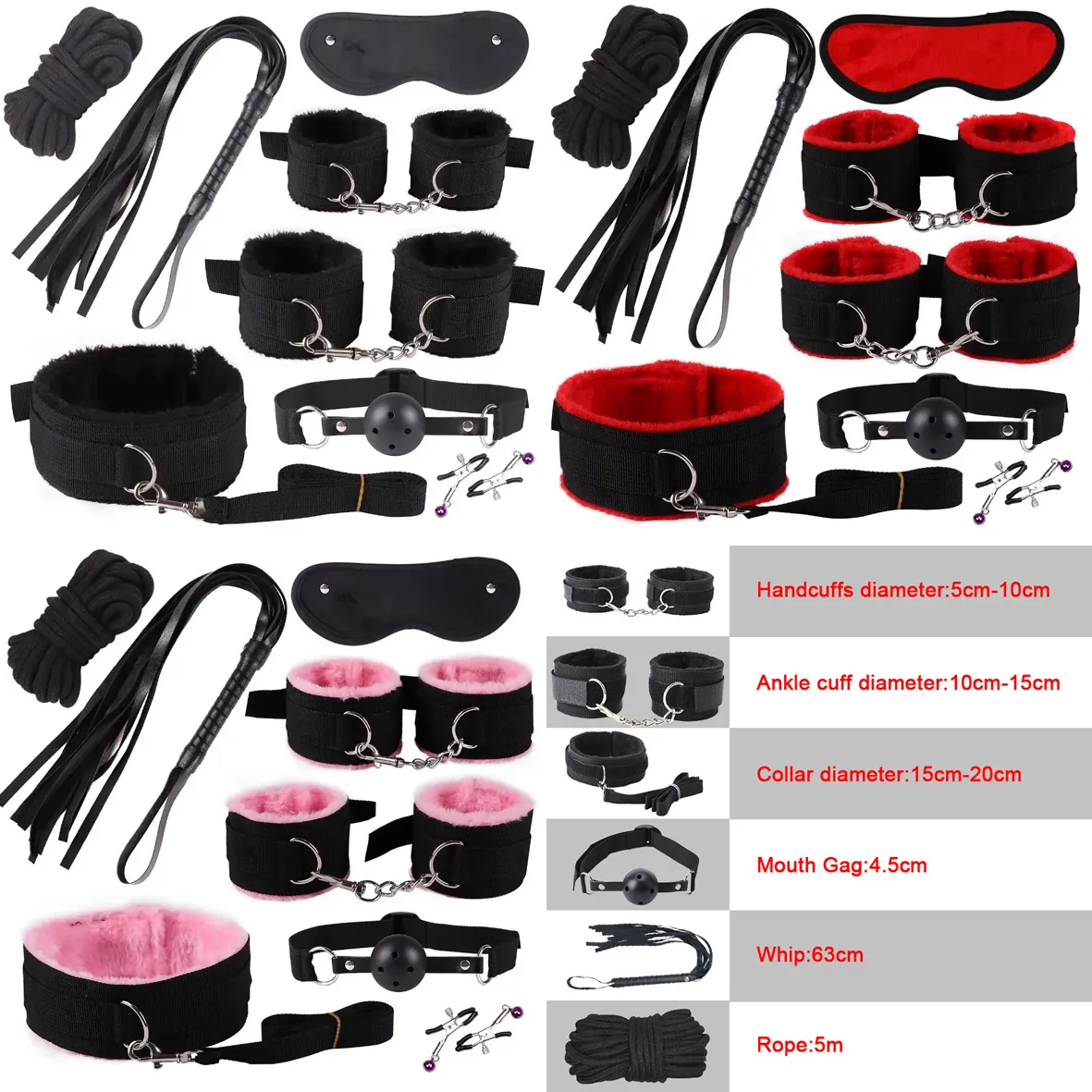 الأسود الوردي 8pcs BDSM مجموعات مثير منتجات المثيرة لعبة البالغين العبودية مجموعة الأصفاد المشابك اللاعب Gag Whip Rope Toys للأزواج