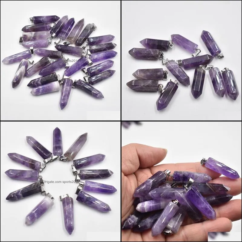amethyst hexagonal pillar charms quartz crystal natural stone pendants for necklace earrings jewelry making sports2010