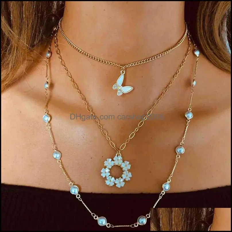 Size Pearl Mix and Match Pendant Necklaces Gold Alloy Butterfly Snowflake Fashion Noble Elegant Temperament Clavicle Chain Multilayer Necklace Party Jewelry