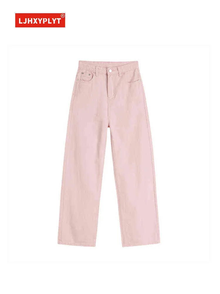 Розовые джинсы Женщины весна лето с высокой талией с твердым цветом повседневное простые свободные шляпы с прямыми брюками джинсовые брюки самки xxl L220726