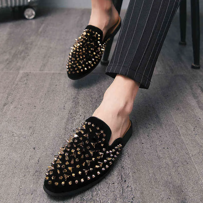 HBP Dres Shoe Spring Elegant Luxury Leatherwear Men Shoe Gold Casual Rivet Sequin Flat Sheep Leather 220723