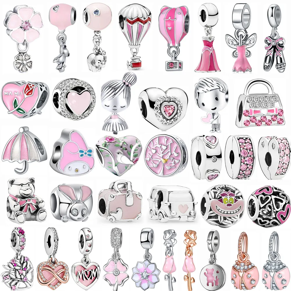 925 Sterling Silver Dangle Charm 1 Pcs Nouveau Rose Lapin Coccinelle Parapluie Sac Pendentif Perles Appropriées Perle Fit Pandora Charms Bracelet DIY Bijoux Accessoires