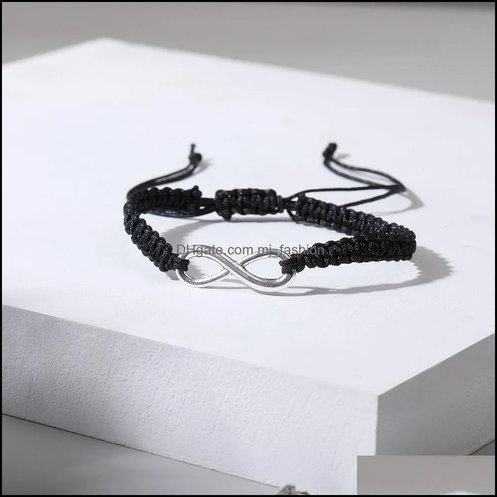 handmade fashion number 8 charms bracelet for women adjust silver plated infinity symbol bracelets black white braided rope gift