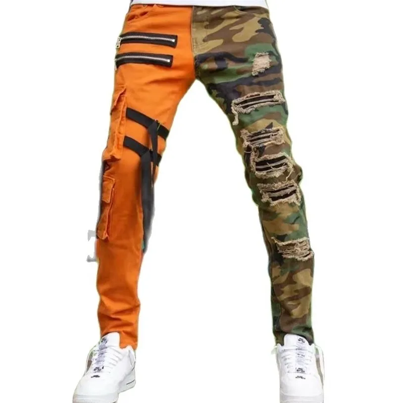 Punk Zerrissene Jeans Männer Camouflage Farbe Block Slim-fit Gerade bein Overalls Frühling Mode Plus Größe Herren Hosen 220325