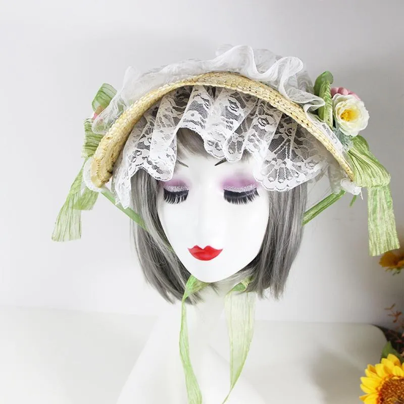 Wide Brim Hats Sweet Lolita Bonnet Hat Sunshade Straw Head Accessories For Pastoral PartyWide