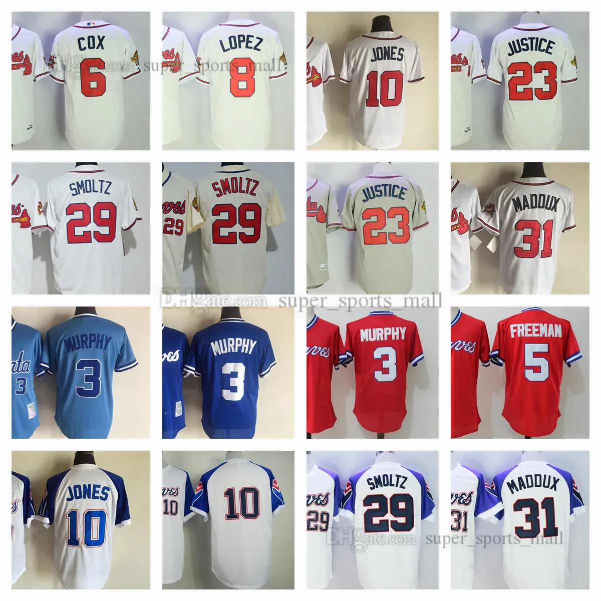 10 Chipper Jones Vintage Baseball Jersey 3 Dale Murphy 5 Freddie Freeman 6 Bobby Cox 8 Javy Lopez 23 Justice 29 Smoltz 31 Maddux 35 Niekro Jerseys 1972 1995 Maat S--XXXL