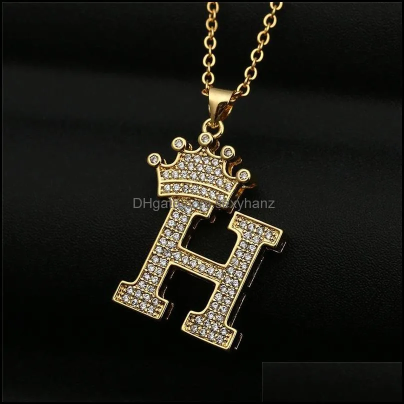 rhinestone crown letter necklace hip hop jewelry charm 26 letters a to z pendant necklaces for women men diamond name chain