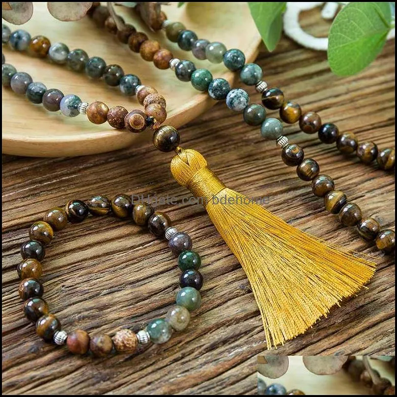 Pendant Necklaces 8mm Natural Yellow Tiger Eyes Agate Tree Pattern Onyx 108 Japa Mala Beaded Necklace Meditation Yoga Tibetan Jewelry