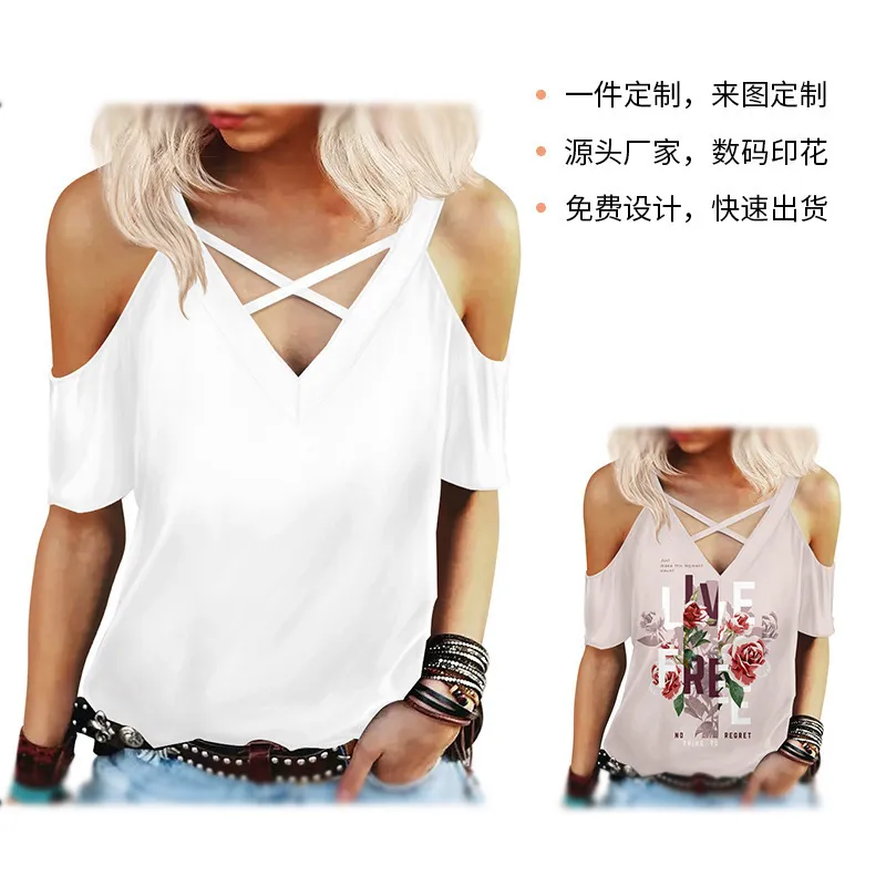 Summer Open Shoulder Sexy Slim Fit Big Sling Top Women S V Neck Black T Shirt Print för anpassad 220704