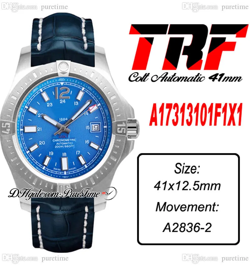 TRF Colt A1731310F1X1 A2836 Automatik-Herrenuhr, 41 mm, Stahlgehäuse, blaues strukturiertes Zifferblatt, Strichmarkierungen, Nylon-Lederarmband, Super Edition Puretime C3